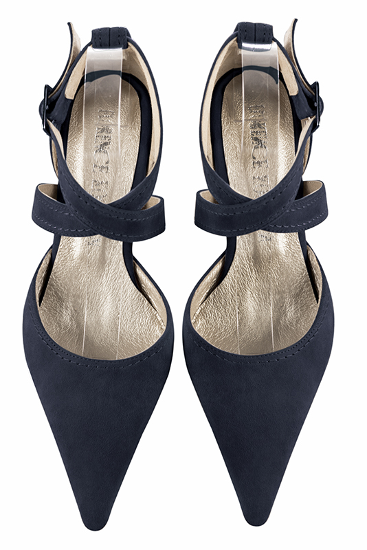 Navy blue women's open side shoes, with crossed straps. Pointed toe. High spool heels. Top view - Florence KOOIJMAN